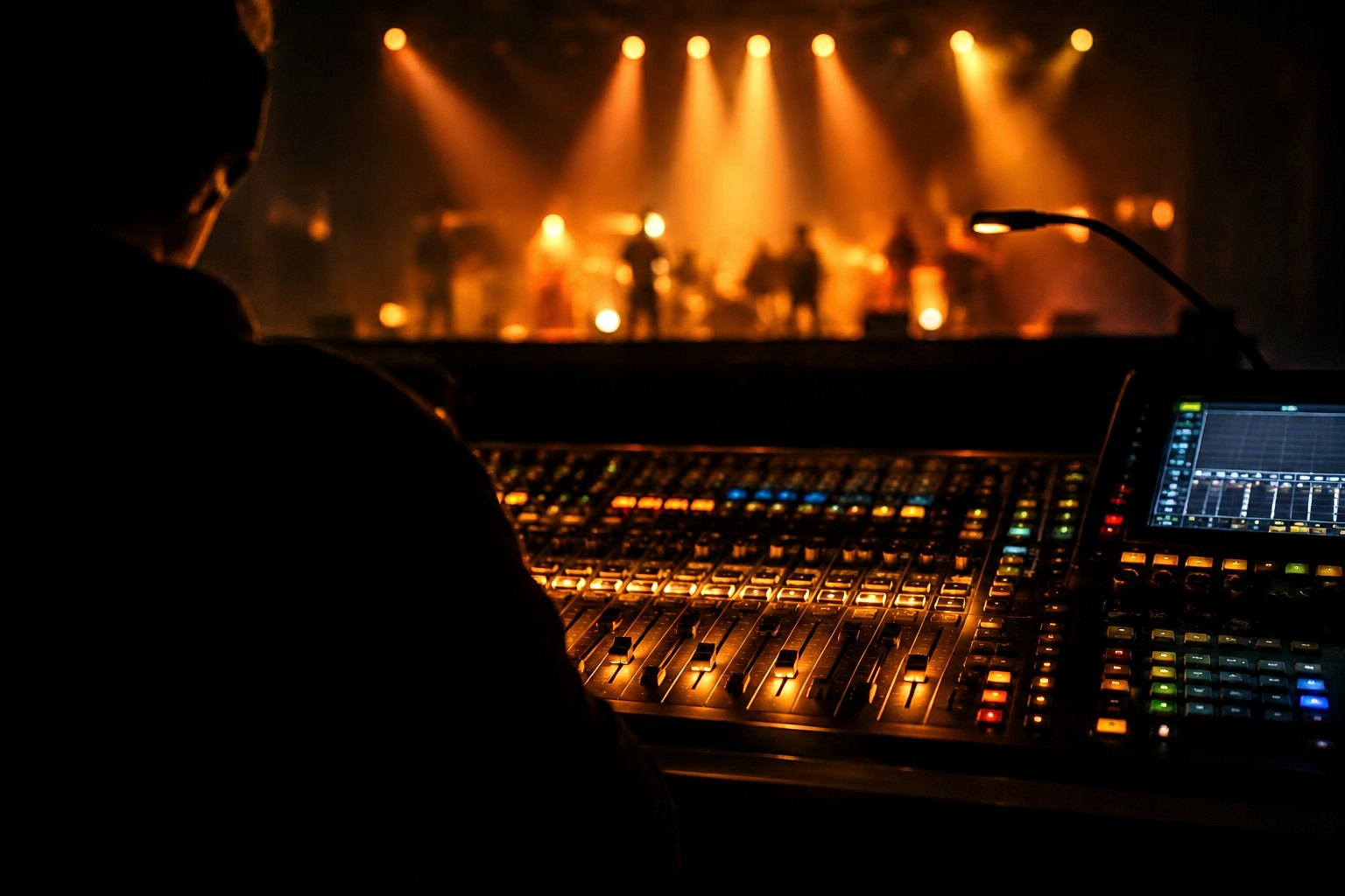 Lighting console in a dark booth